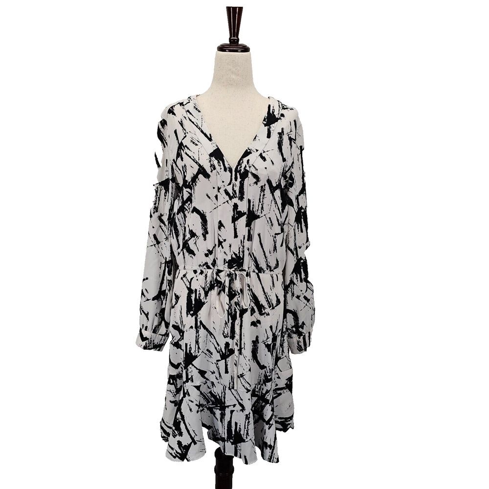 White House Black Market Abstract V Neck Dress Size 2 White Black Long‎ Sleeves